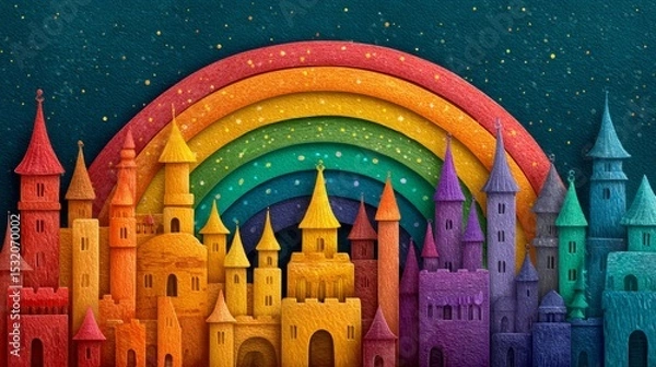 Fototapeta Vibrant Fantasy Castle Landscape with Colorful Rainbow Arches, Stars and Dreamlike Atmosphere for Imaginative Art and Background Creations