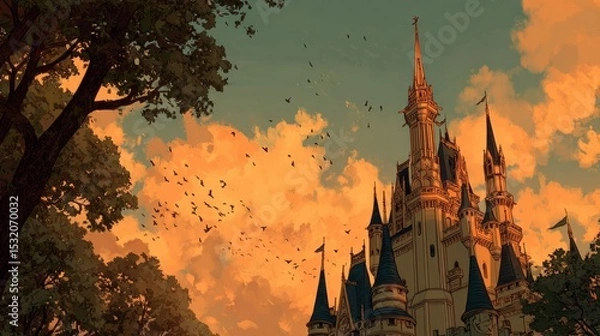 Fototapeta Enchanting Fantasy Castle Under a Vibrant Sunset with Birds Flying in the Sky Surrounded by Lush Green Trees and Dramatic Cloud Patterns