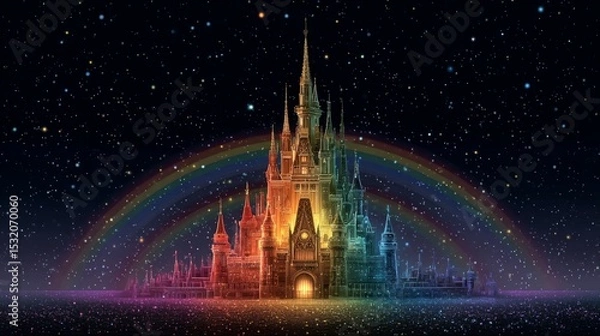 Fototapeta Enchanted castle under a starlit sky with a vibrant rainbow arching, creating a magical atmosphere for dreamers and adventurers who believe in fairy tales.