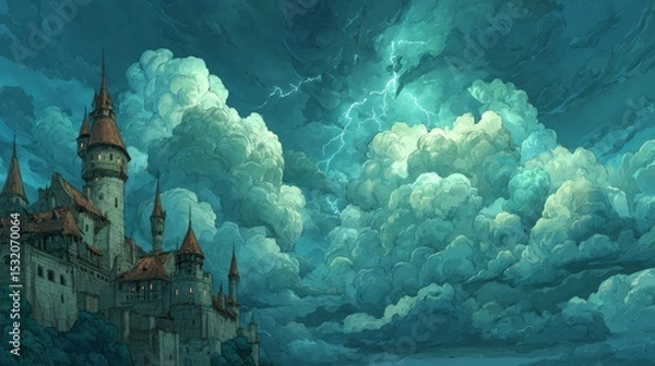 Fototapeta Majestic Fantasy Castle Surrounded by Dramatic Clouds and Lightning in a Mysterious Twilight Sky, Perfect for Art and Imagination Themes