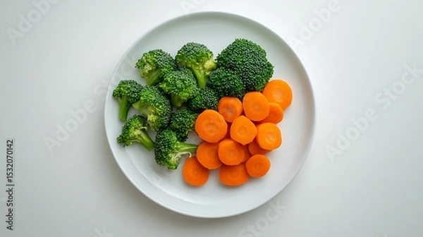 Fototapeta Serving of Fresh Broccoli and Sliced Carrots on White Plate