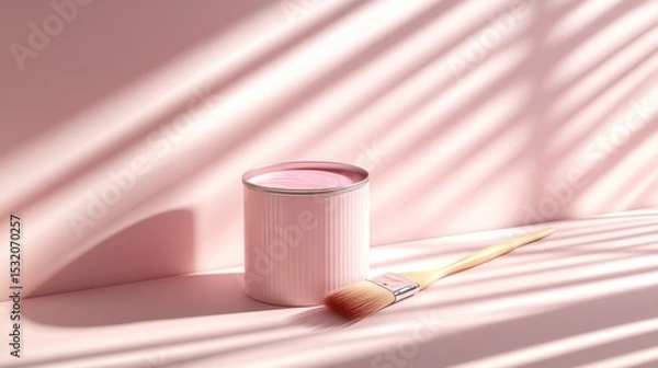 Fototapeta An open can of pale pink paint with a paintbrush gently leaning against it, placed in a minimalistic room with white walls and natural light creating shadows on the floor.