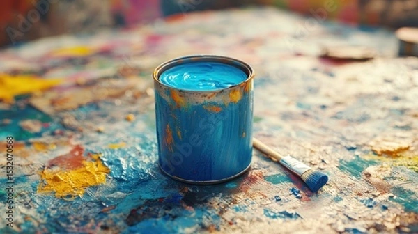 Fototapeta An open can of vibrant blue paint sitting on a painter's tarp, with a brush dipped in paint, surrounded by colorful splashes and creative chaos.