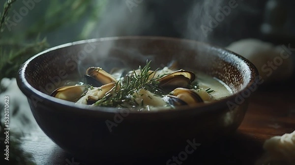Fototapeta Serving of Steaming Mussel Soup with Herbs in Rustic Bowl