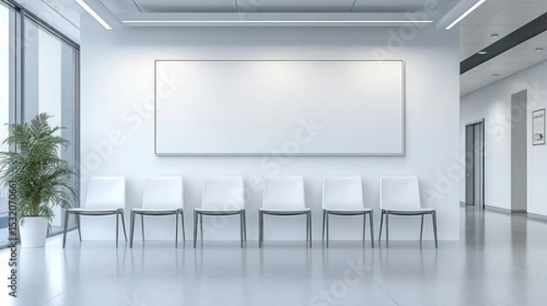 Fototapeta Several minimalist, modern chairs with sleek metal frames are lined up along the wall of a spacious, brightly lit room with clean white walls and abstract art hanging above.