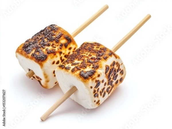 Fototapeta Two toasted marshmallows on skewers, isolated on white