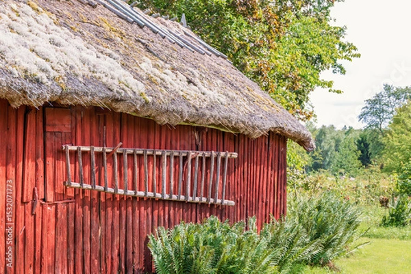 Obraz Wooden ladder hanging on the wall on a red barn in the countryside