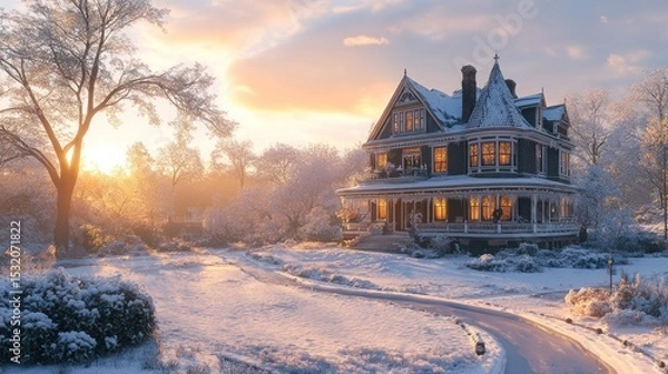 Fototapeta A two-story Victorian-style house draped in snow, with intricate details of the architecture visible, and a soft orange glow from the sunrise reflecting off the snow.