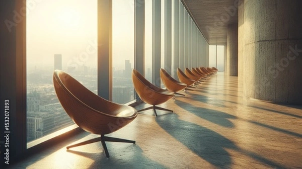Fototapeta Several simple wooden chairs are placed along the concrete wall of a minimalist, loft-style room, with large floor-to-ceiling windows showcasing the urban landscape outside.