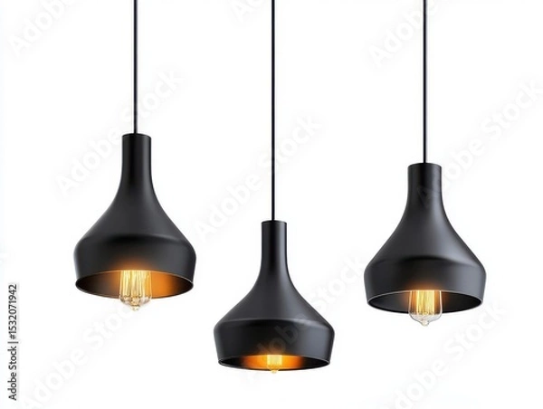 Obraz Three black pendant lights with exposed bulbs on white background