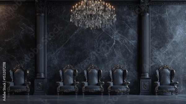 Fototapeta Several elegant, upholstered chairs with high backs are placed along the wall of a luxurious room. A large crystal chandelier hangs overhead and a marble floor is beneath it.