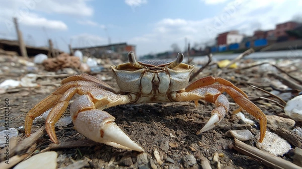 Obraz Crab walking littered ground near water body, showcasing its claws and texture low angle view. scene highlights environmental