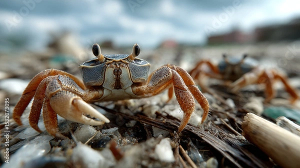 Obraz Crabs walking over plastic litter on beach, showcasing their natural habitat and impact of pollution