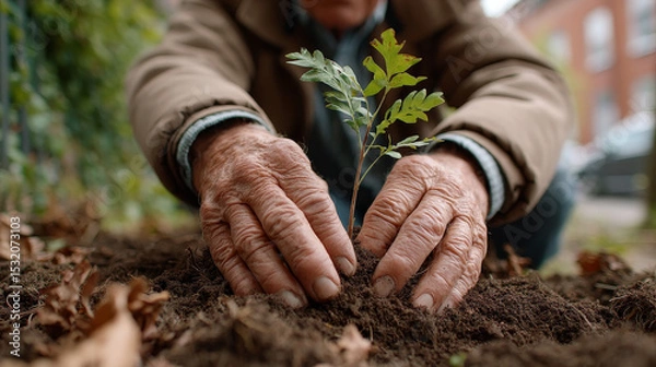 Obraz Elderly person planting young tree in rich soil, showcasing care and connection to nature