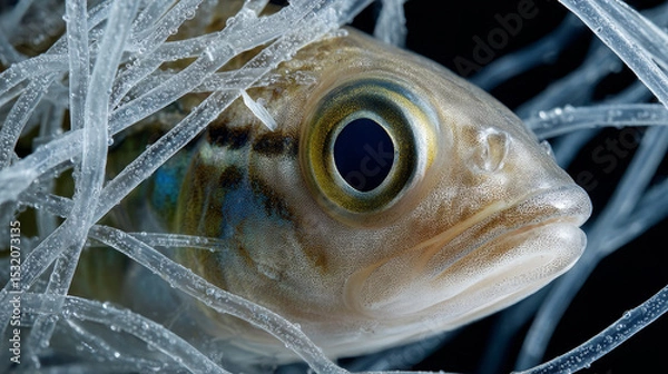 Obraz Entangled fish caught plastic debris, showcasing impact of pollution marine life. captures delicate features of fish