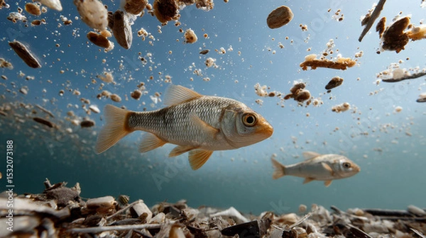 Obraz Small fish swimming in clear water surrounded by microplastics and debris, showcasing impact of pollution on aquatic life