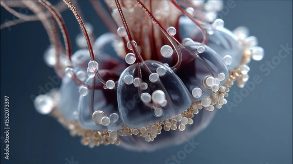 Obraz Microplastics suspended jellyfish tentacles create striking visual of marine life. This captures delicate structure