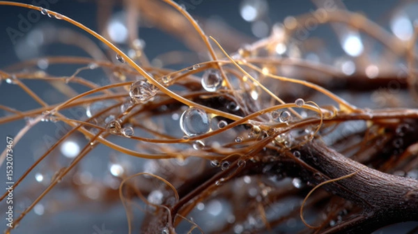 Obraz Dried plant fibers with water droplets create captivating macro view, showcasing nature intricate details and textures