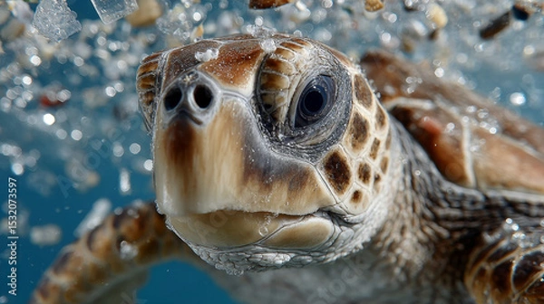 Obraz Sea turtle swimming gracefully through water, surrounded by microplastics, showcasing impact of pollution on marine life
