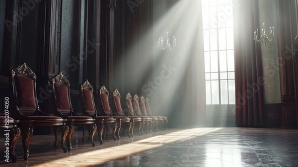 Fototapeta Several wooden chairs with intricate patterns are neatly arranged along the walls of a spacious vintage room with large windows and heavy velvet curtains. Sunlight penetrates inside.