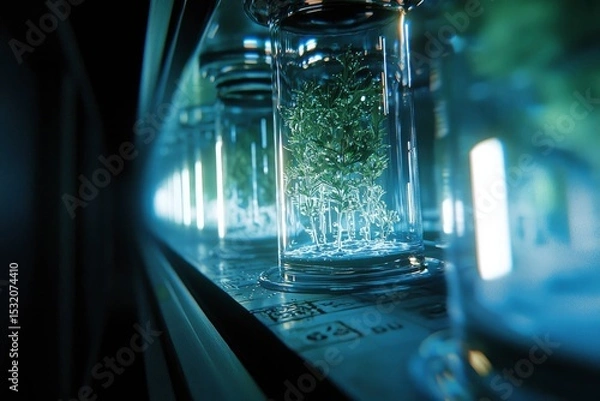 Obraz A row of small plants enclosed in futuristic glass containers bathed in blue light