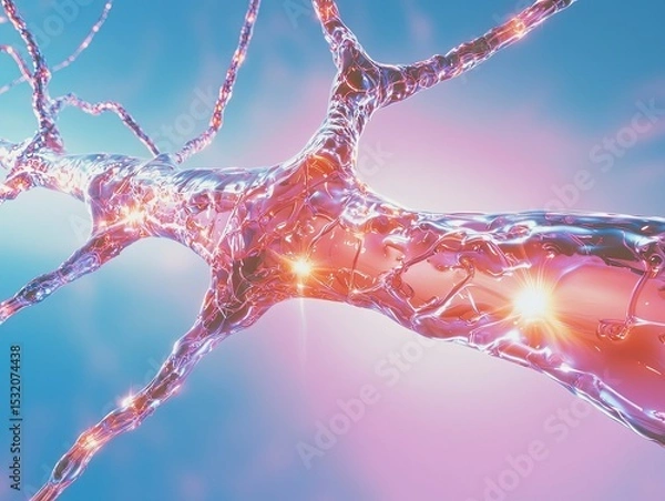 Obraz A shimmering neuron with glowing synapses surrounded by a vibrant ethereal blue and pink background