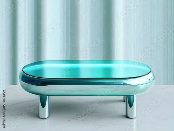Obraz A sleek modern turquoise table with a reflective surface and cylindrical legs stands against a minimalist backdrop