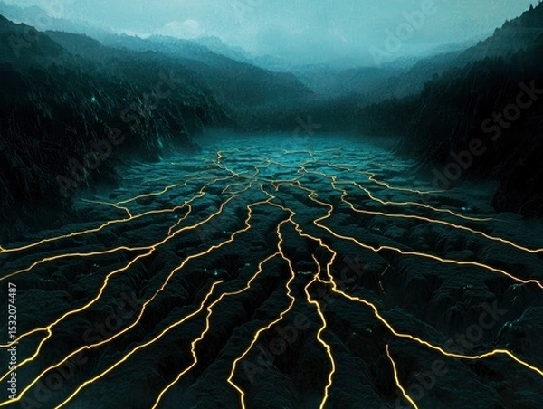 Obraz A sprawling network of glowing yellow veins stretches across a dark rugged landscape beneath an overcast sky
