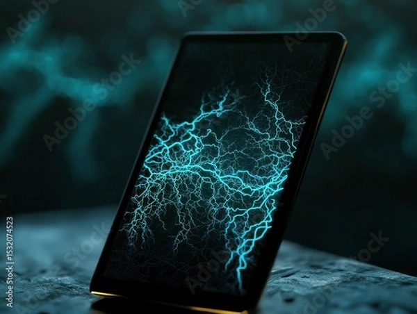 Obraz A tablet displaying vibrant blue lightning patterns on a dark background