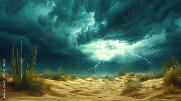 Fototapeta A dramatic thunderstorm over a desert, with bright lightning cracking across the sky, casting eerie light over the sand dunes and cacti below.