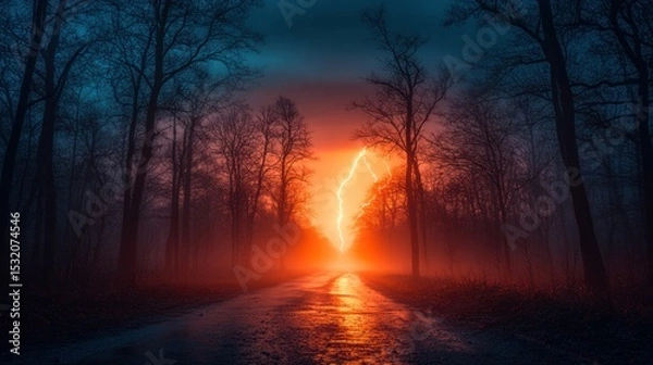 Fototapeta A forest during a thunderstorm, with the trees standing out against a dark and stormy sky, and bright lightning flashing across the horizon, creating eerie shadows.
