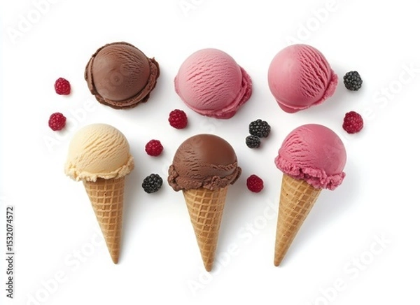 Obraz colorful ice cream with berries and chocolate in waffle cones, top view on white background