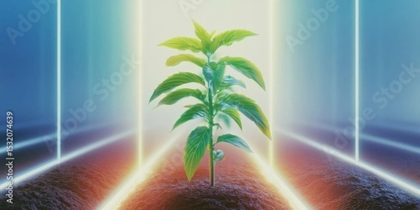 Obraz A young plant glows vibrantly in a futuristic illuminated setting