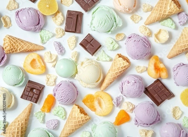 Obraz colorful ice cream with berries and chocolate in waffle cones, top view on white background