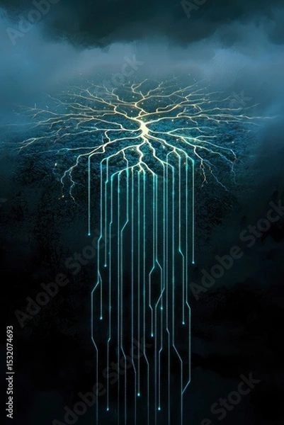 Obraz Electric roots extend into a digital abyss blending nature and technology