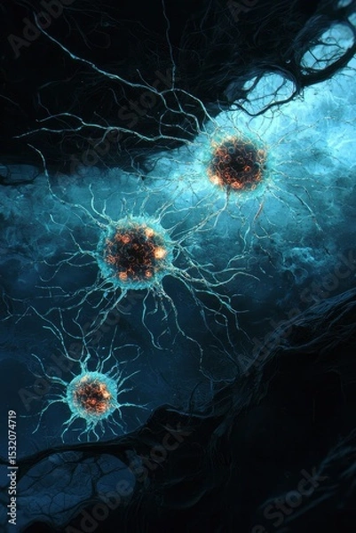 Obraz Floating luminous orbs connected by glowing tendrils in a dark mysterious atmosphere