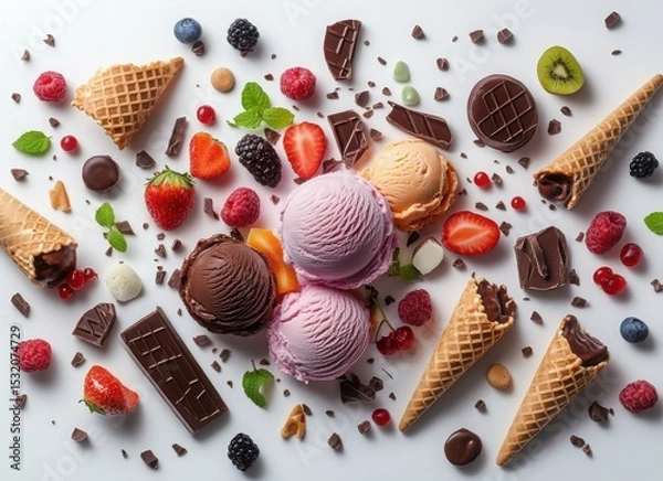 Obraz colorful ice cream with berries and chocolate in waffle cones, top view on white background