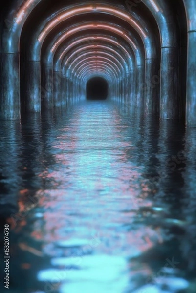 Obraz An illuminated tunnel stretches into darkness with water reflecting its colorful lights