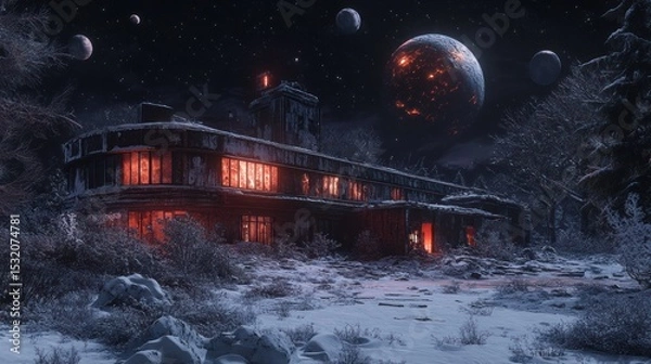 Fototapeta A crumbling industrial building with broken windows, casting eerie shadows illuminated by red lights, is located against the background of a glowing alien planet with many moons.