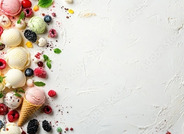 Obraz colorful ice cream with berries and chocolate in waffle cones, top view on white background