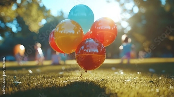 Fototapeta A group of neon-colored balloons drifting upward in a sunlit park, casting soft shadows on the grassy ground below as children play in the background.