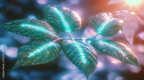 Obraz Glistening leaves with ethereal blue patterns illuminated by gentle light