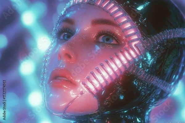 Obraz In a futuristic glow a figure gazes upward with luminous eyes encased in a sleek intricate helmet