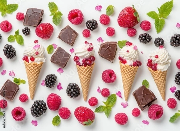 Obraz colorful ice cream with berries and chocolate in waffle cones, top view on white background