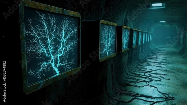 Obraz Illuminated network like structures glow eerily on screens lining a dark mysterious corridor