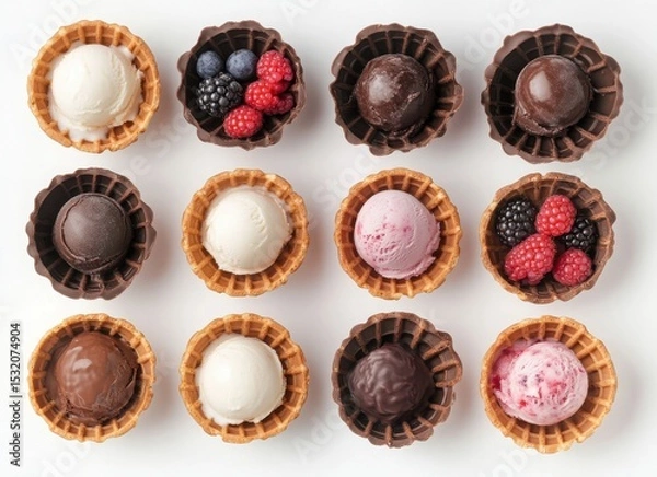 Obraz colorful ice cream with berries and chocolate in waffle cones, top view on white background