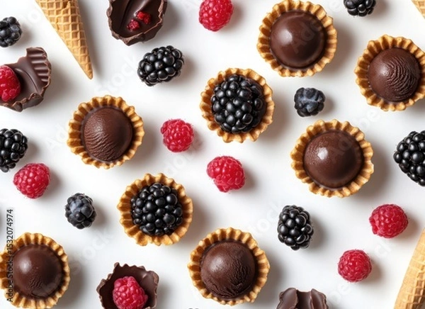 Obraz colorful ice cream with berries and chocolate in waffle cones, top view on white background
