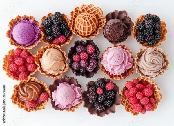 Obraz colorful ice cream with berries and chocolate in waffle cones, top view on white background