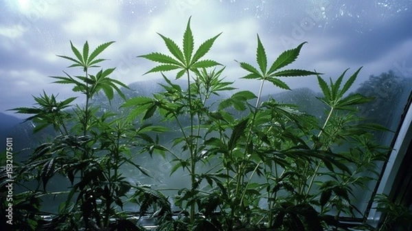 Obraz Tall cannabis plants reaching towards a sunlit window
