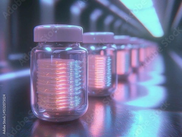 Obraz Rows of glowing futuristic jars illuminate a sleek metallic surface